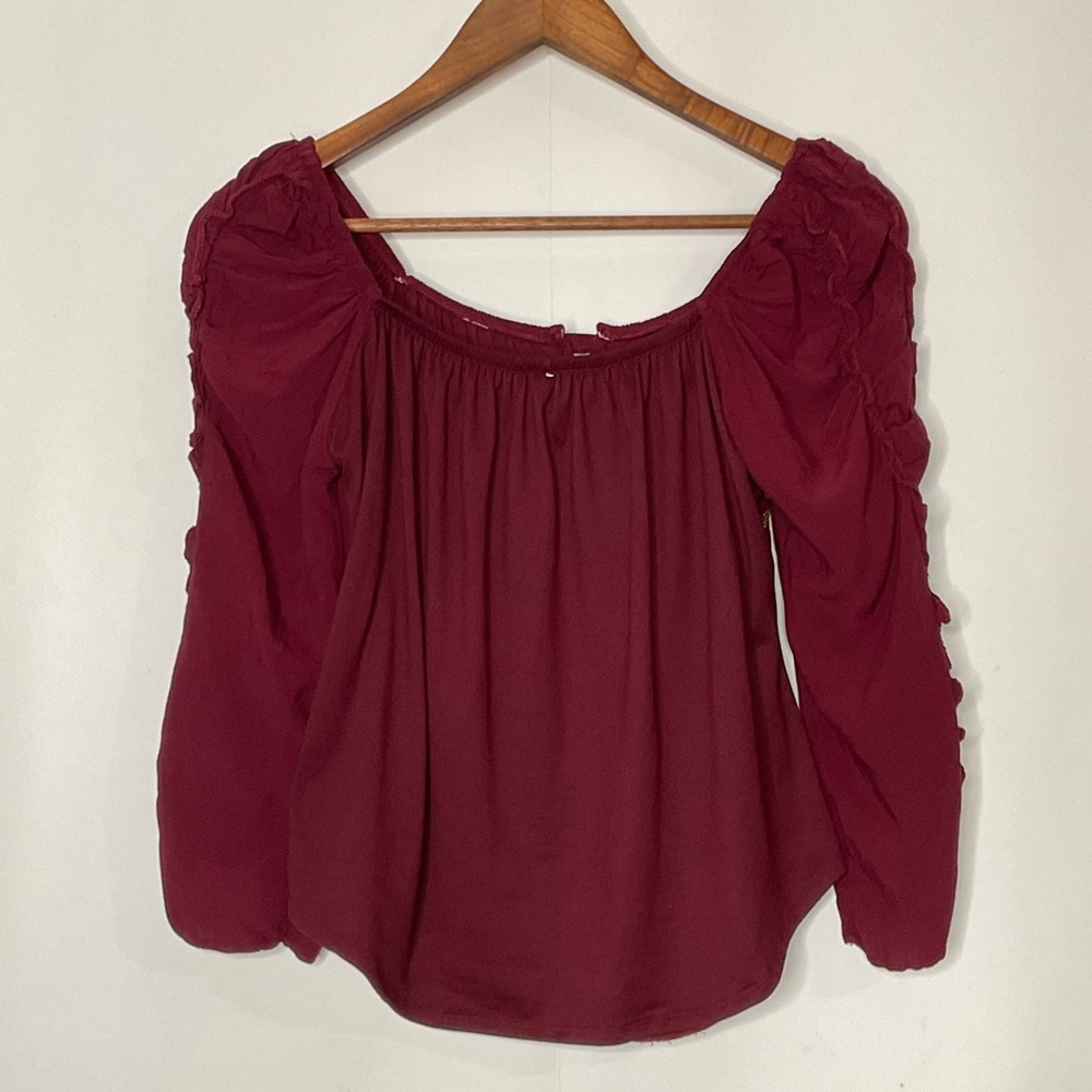 Clarita Floral Embroidered Burgundy Square Neck Gathered Long Sleeve Top No Size - Picture 10 of 14